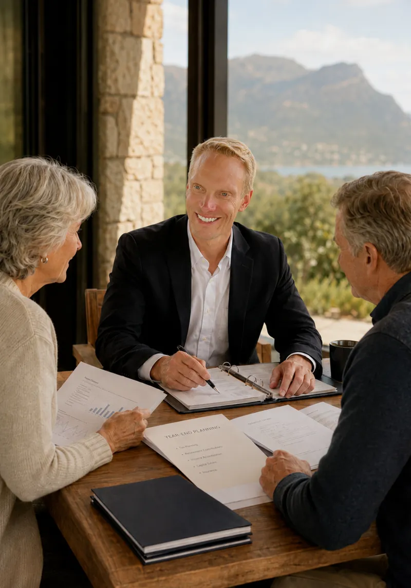 A retired couple reviewing their financial plan on a lakeside terrace at golden hour