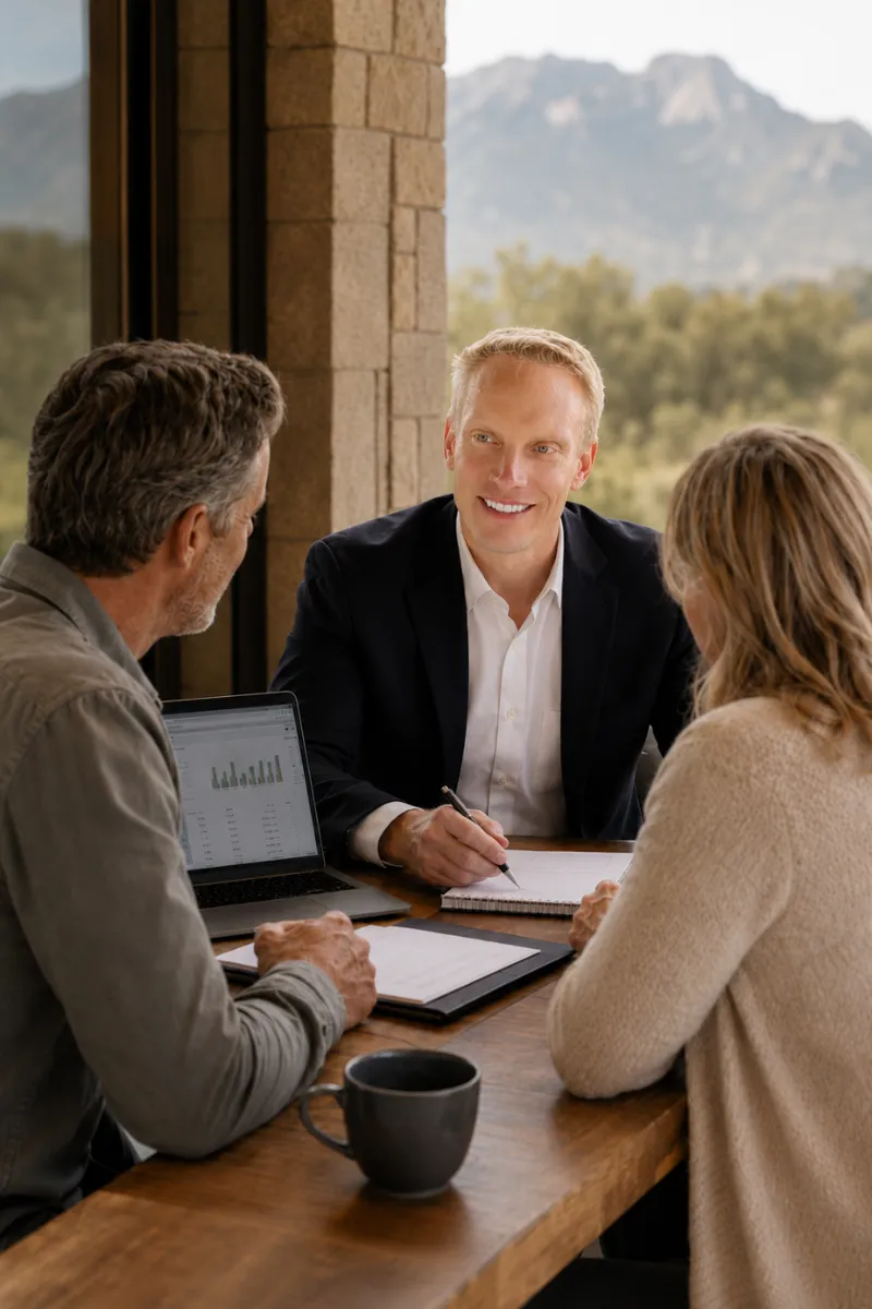 Matthew Ferrell meeting with a couple over a laptop and financial plan